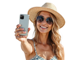 Happy woman enjoying summer vacation taking a selfie isolated on transparent background