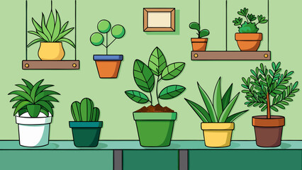 Indoor plants in various pots placed against a soft green wall icon different styles vector illustration.