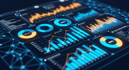 Blue and orange digital charts and graphs on dark background, showcasing data analysis and business intelligence, representing growth and progress