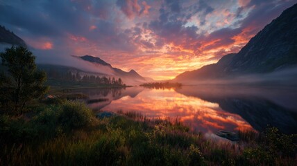 Serene mountain lake at sunrise. AI image