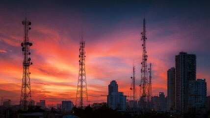 Fototapeta premium Sunset skyline with silhouetted communication towers. AI image