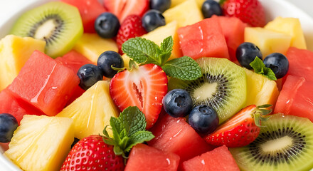 A vibrant fruit salad with watermelon, pineapple, strawberries, kiwi, and blueberries, garnished with mint leaves, in a white bowl.