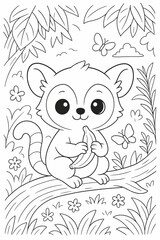 Cute lemur sitting on a branch holding a banana in a jungle coloring page