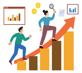 Business Growth Illustration Team Climbing Graph Chart Towards Financial Success. Financial Progress Illustration Business People Growing Revenue and Sales Charts.