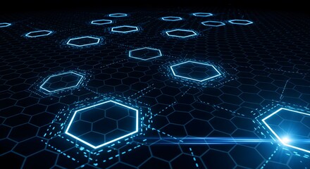 Futuristic technology background with a glowing blue hexagonal grid. Concept for blockchain, network connections, or a modern digital honeycomb structure.