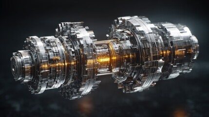 A detailed 3D rendering of a complex, cylindrical machine with intricate metallic gears, shafts, and an inner glowing orange core, set against a dark background