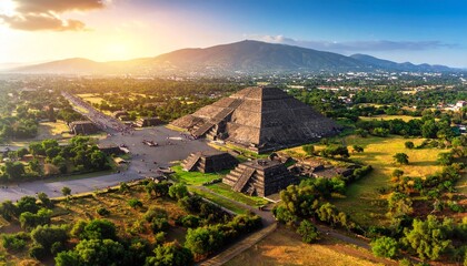 Majestic Pyramid of the Sun at Teotihuacan, bathed in golden sunset light, overlooking sprawling landscape.