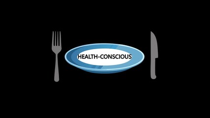Health-conscious word written on a white plate with fork and knife on black background, symbolizing mindful eating, healthy lifestyle, and nutrition concept. - Powered by Adobe