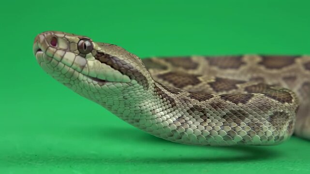 Close-up of a captivating brown and tan patterned snake with striking red eyes against a vibrant green studio background