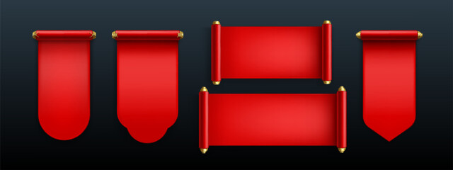 Chinese scroll paper banners with golden holders and crimson fabric texture for traditional ceremony decoration. Ancient oriental parchment collection in various shapes for authentic cultural design.