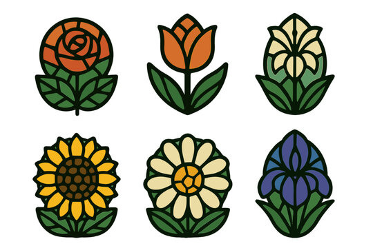 Floral stained glass style icon set. Vector illustration of various flowers like rose, tulip, lily, sunflower, daisy, and iris. Decorative mosaic elements for graphic design.
