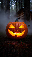 Obraz premium Glowing Jack-o'-Lantern in Foggy Forest with Cabin, Spooky Halloween Scene with Pumpkin Lantern, Dark Mystical Woods and Haunted Atmosphere, Creepy Gothic October Night Fantasy Artwork Designs