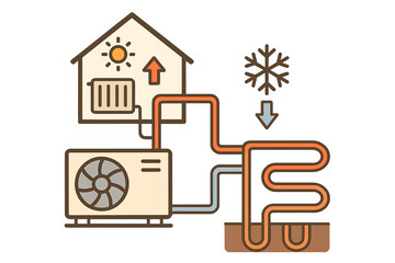 Ground source heat pump diagram. Geothermal energy system principle. Eco friendly home heating and cooling. Renewable HVAC technology illustration. Sustainable energy concept.