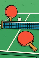 Vibrant illustration of table tennis featuring paddles, ball, and net on a green surface.