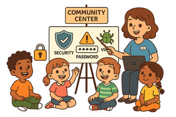 Cybersecurity education for kids. Teacher giving lesson on internet safety, password protection, and virus threats. Children learning digital literacy in a class. Vector cartoon.