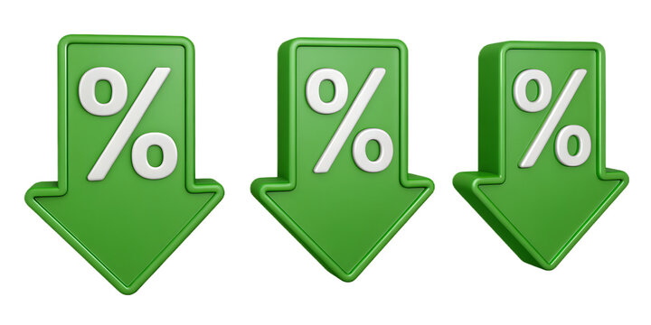 Falling Sales Prices and Discounts Three Green Percentage Arrows Pointing Down Representing Lower Interest Rates