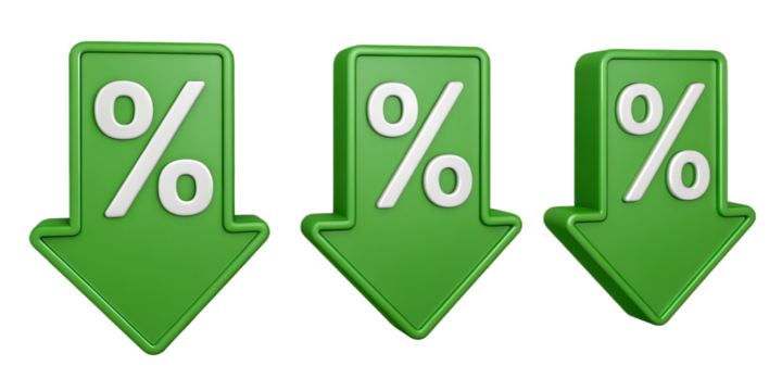 Falling Sales Prices and Discounts Three Green Percentage Arrows Pointing Down Representing Lower Interest Rates