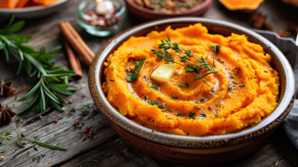 Creamy mashed sweet potatoes garnished with herbs and butter, surrounded by spices on rustic wooden table