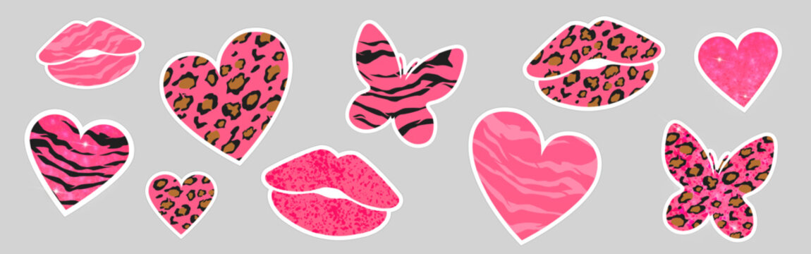 Y2k glitter sticker set with pink leopard hearts, zebra butterflies and sparkly lips for nostalgic decoration. Retro glamour girly patches with animal prints, glossy textures by 2000s aesthetic.