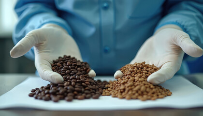Laboratory technician in gloves compares raw, roasted coffee beans. Pro quality analysis of coffee beans, study of aroma, flavor. Food industry research, cultivation, agriculture, processing, brewing.