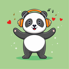 Obraz premium Cute cartoon panda wearing headphones, listening to music, with hearts and musical notes.