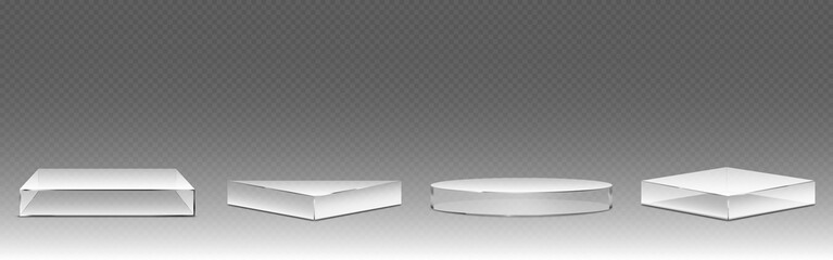 Museum glass box platforms with square, circular and triangular shapes for display showcases. Transparent pedestals or exhibition reflective bases for gallery presentations and collectibles.