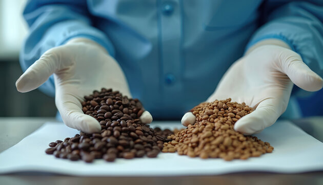 Laboratory technician in gloves compares raw, roasted coffee beans. Pro quality analysis of coffee beans, study of aroma, flavor. Food industry research, cultivation, agriculture, processing, brewing.