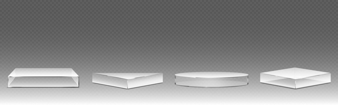 Museum glass box platforms with square, circular and triangular shapes for display showcases. Transparent pedestals or exhibition reflective bases for gallery presentations and collectibles.