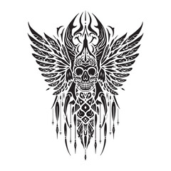 A dark and ornate tattoo design featuring a skull with large feathered angel wings and intricate details vector illustration design