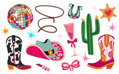Disco cowgirl elements with mirror ball, rope lasso, horseshoe and hat, boots and sheriff star for party designs. Western accessories with pink bows, cocktail glass and retro rodeo or country icons