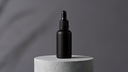 Sleek black dropper bottle with dropper cap on a white pedestal against a textured gray background