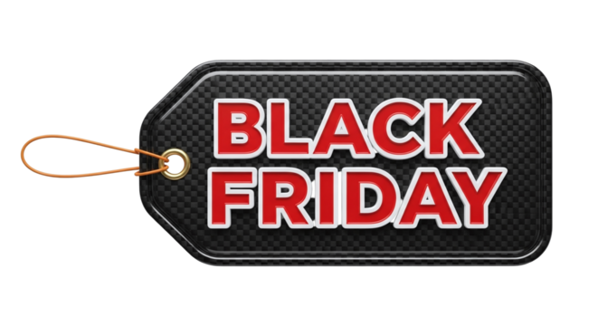 A black friday tag with red and white text on a black background for promotional purposes