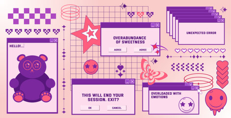 Retro internet y2k aesthetic with purple popup windows, error messages and pixel hearts on pink grid bg. Nostalgic computer interface with emoticons, stars and decorative elements for vaporwave design
