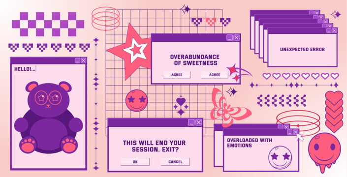 Retro internet y2k aesthetic with purple popup windows, error messages and pixel hearts on pink grid bg. Nostalgic computer interface with emoticons, stars and decorative elements for vaporwave design