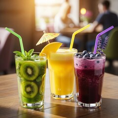 three variants of fresh fruit juice: kiwi, mango, blueberry