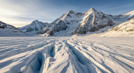 Majestic Snow Covered Mountains Under a Bright Sunny Sky
