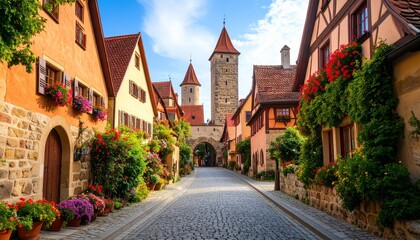 Obraz premium A charming cobblestone street lined with historic, colorful buildings adorned with blooming flowers, leading towards a medieval tower gate under a bright blue sky.