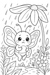 Sad butterfly seeks shelter under a flower in the rain line art vector