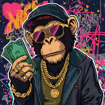 A cool hip hop monkey with sunglasses and a gold chain holding money against a colorful graffiti wall vector illustration design