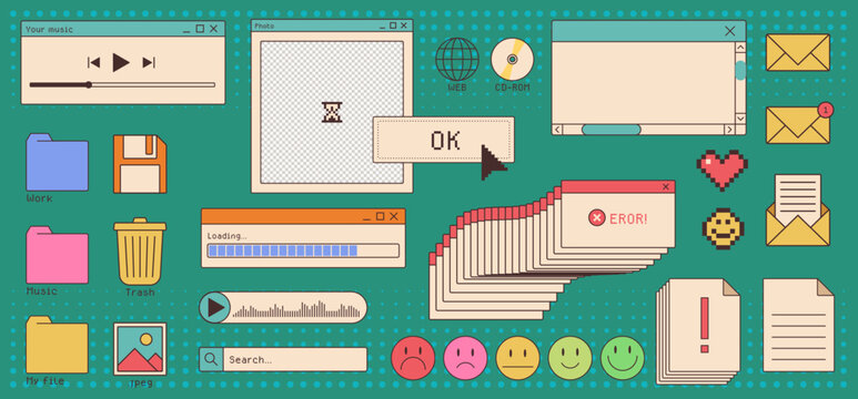 Vintage retro internet y2k interface with music player, folders and error windows on dotted bg. Nostalgic desktop elements with pixel emoticon, email icon and loading bars for millennium era aesthetic