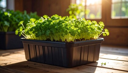 Young green plants in a dark planter, bathed in sunlight