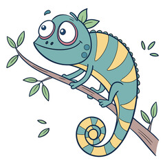 Cute Cartoon Chameleon on Branch