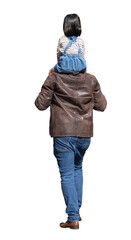 homme adulte  vu de dos portant une enfant sur ses épaules, vêtus de vêtements décontractés en...
