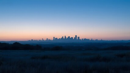 Fototapeta premium Distant City Skyline at Dusk Over Open Field