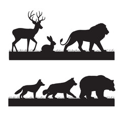 Obraz premium Silhouettes of wild forest and safari animals walking in a line, including deer, lion, bear, fox vector illustration design