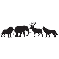 Black silhouettes of wild animals walking together in a row featuring a lion, elephant, deer, and wolf vector illustration design