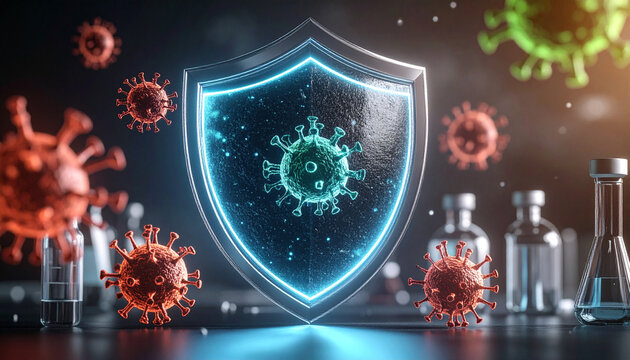 Immune system protection concept with healthcare technology defending against virus infection in medical advertising design
