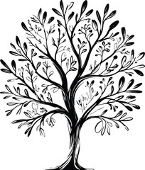 Black and white hand-drawn tree vector, bold brush ink line art, minimal doodle silhouette, abstract botanical element, professional high-quality vector illustration 2