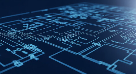 Detailed blueprint, technical drawing showcasing complex system design, representing engineering precision and innovation, ideal for technology or architecture contexts