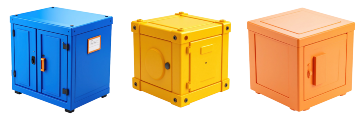 Three Dimensional Plastic Style Junction Box Icons In Blue Yellow And Orange Against Transparent Background